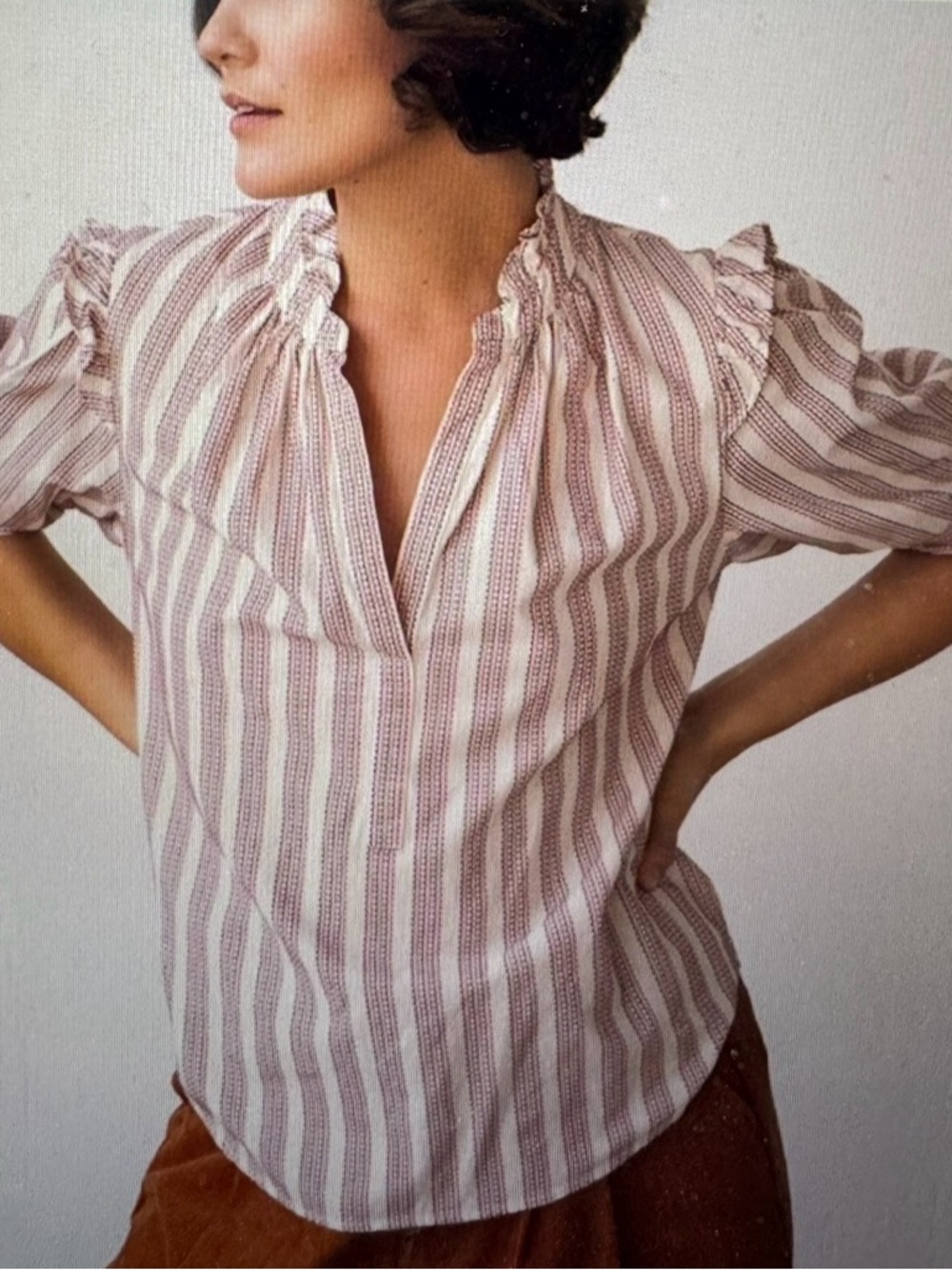 XiRENA Pink & Cream Striped Ruffle-Neck Peasant Blouse